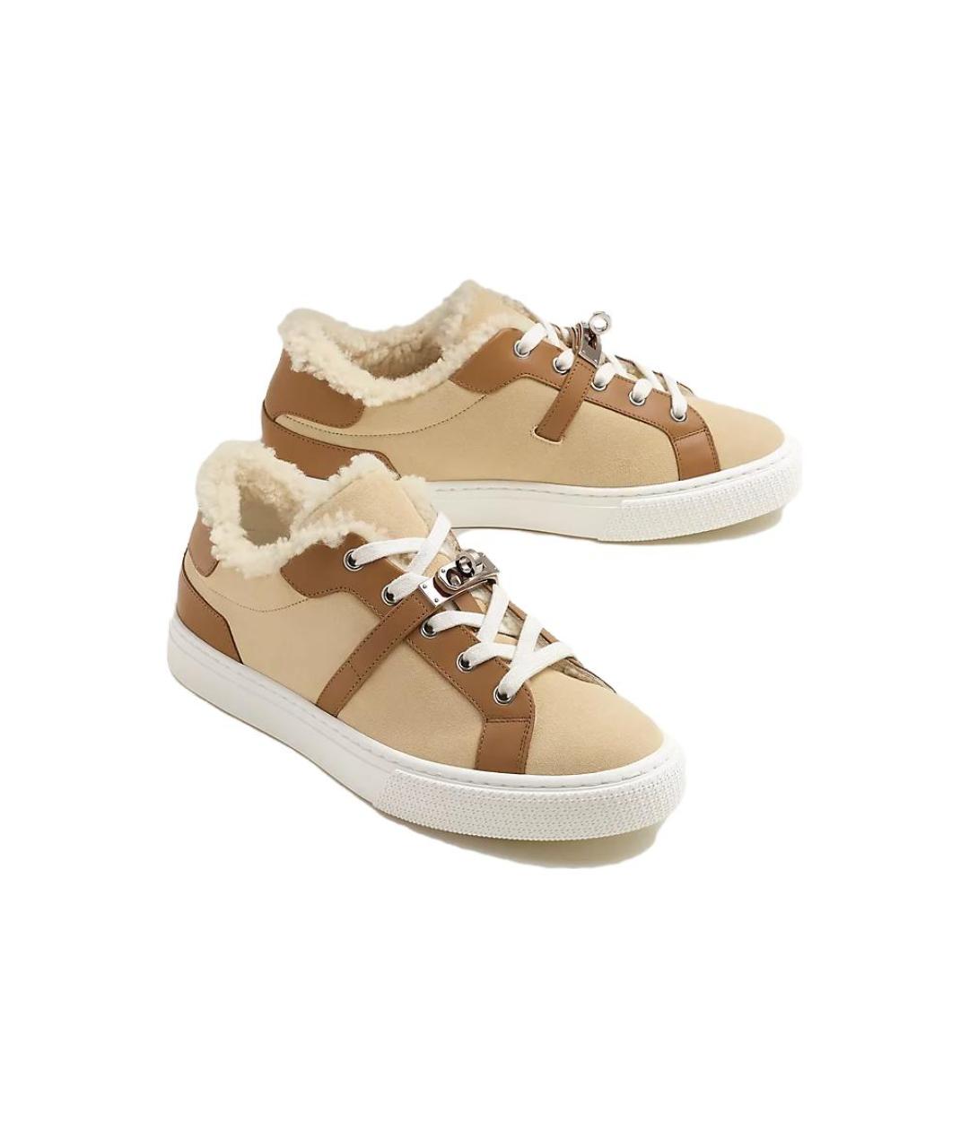 HERMES Бежевые кожаные кеды, фото 4