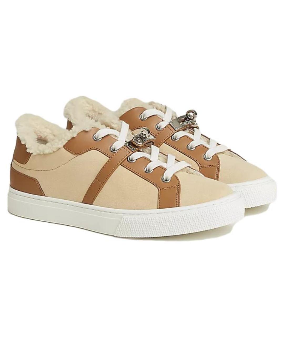 HERMES Бежевые кожаные кеды, фото 3