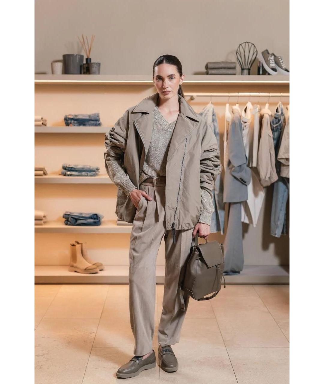 BRUNELLO CUCINELLI Серые кожаные прямые брюки, фото 6