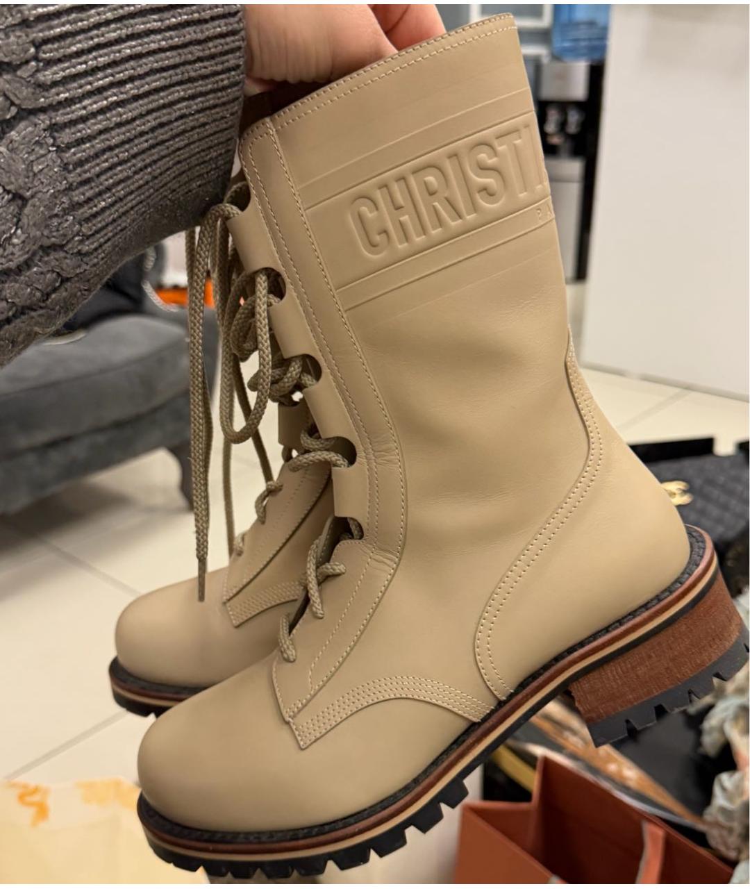 CHRISTIAN DIOR Бежевые кожаные ботинки, фото 3