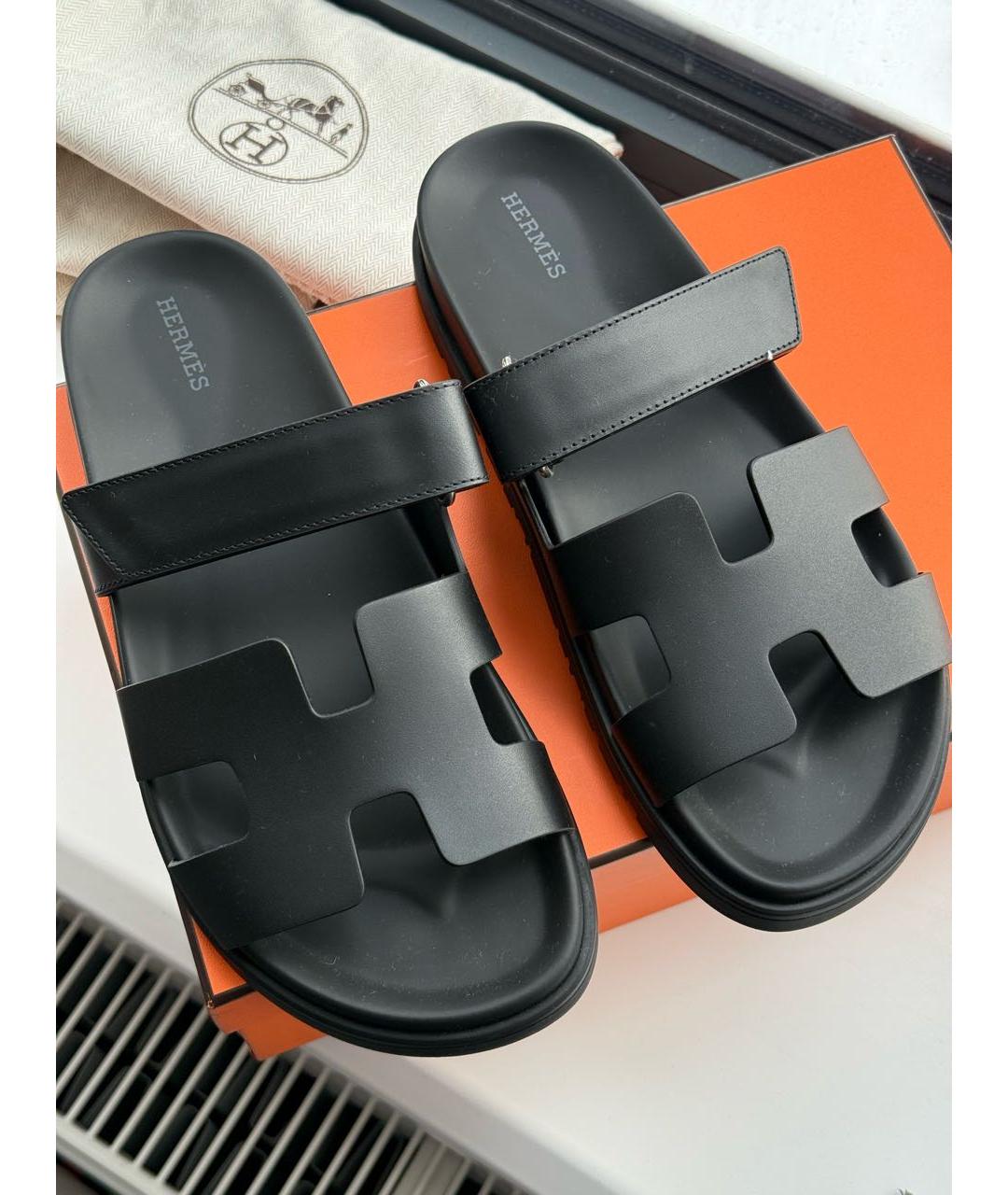 HERMES Черные кожаные шлепанцы, фото 3