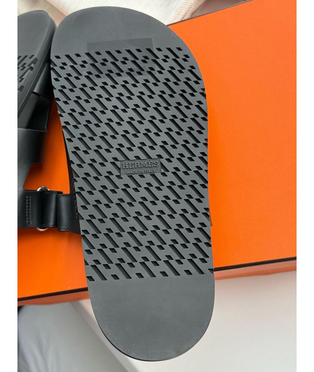 HERMES Черные кожаные шлепанцы, фото 6