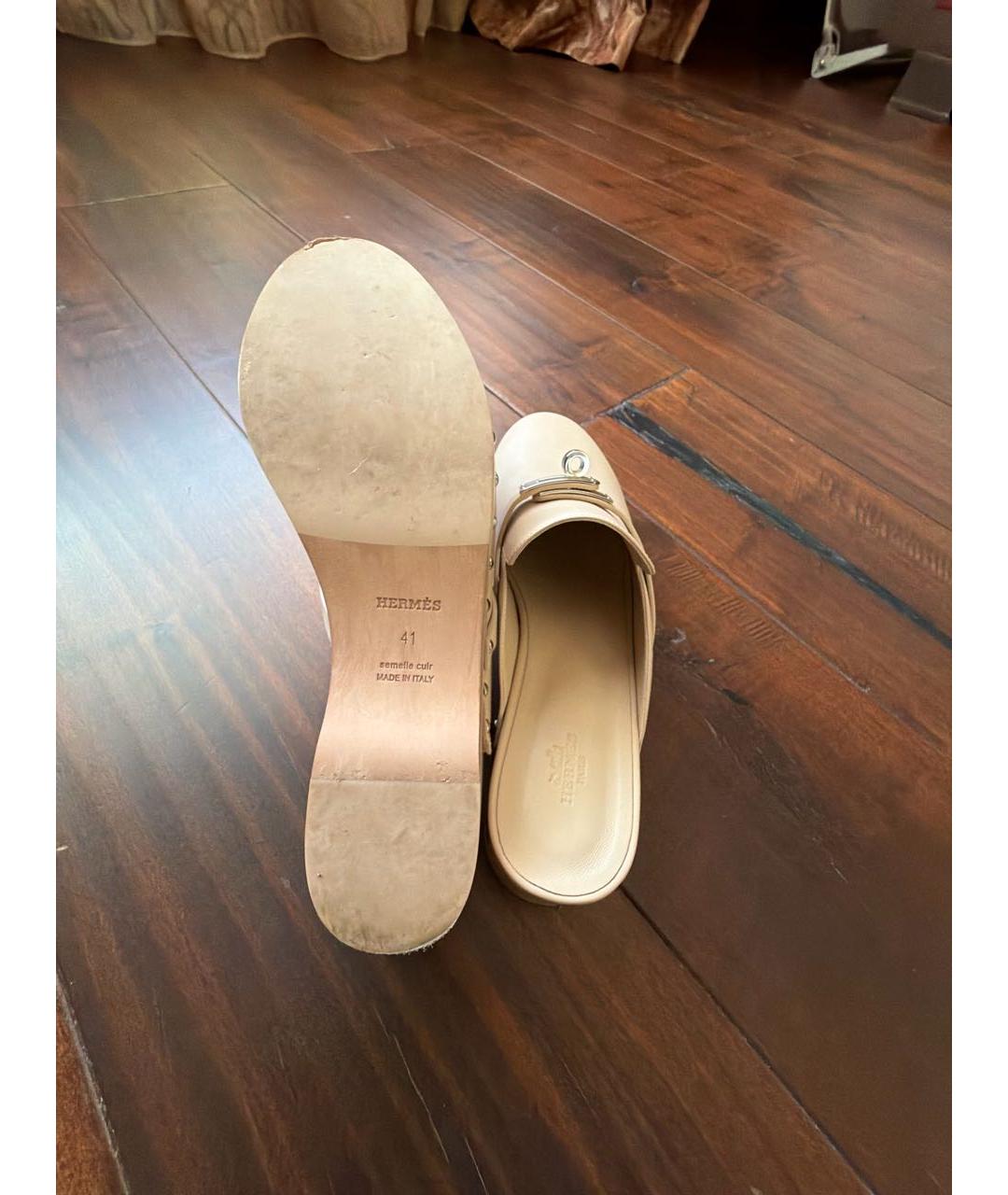 HERMES Бежевые кожаные сабо, фото 5