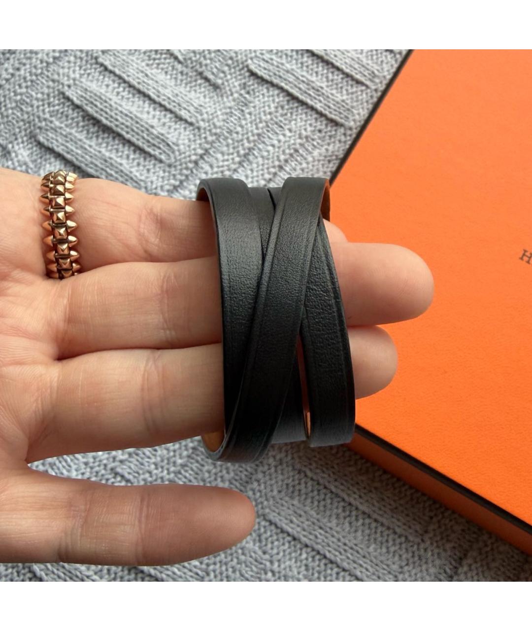 HERMES Черный кожаный браслет, фото 4