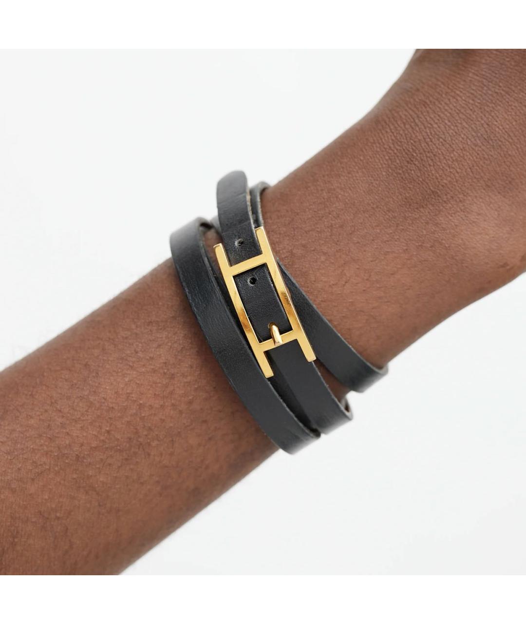 HERMES Черный кожаный браслет, фото 7