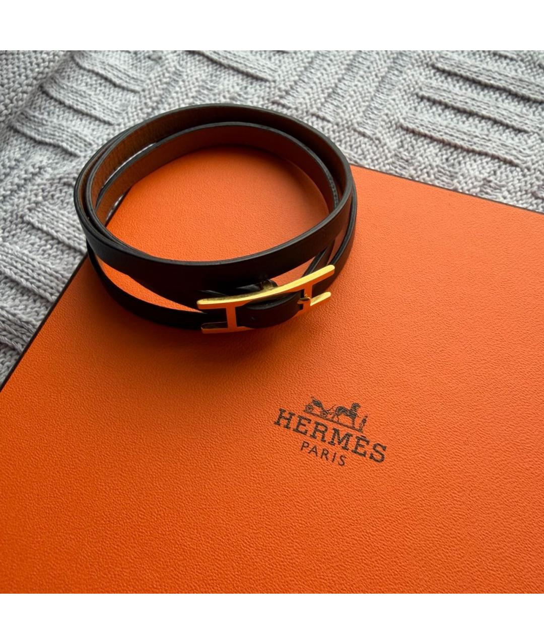 HERMES Черный кожаный браслет, фото 2