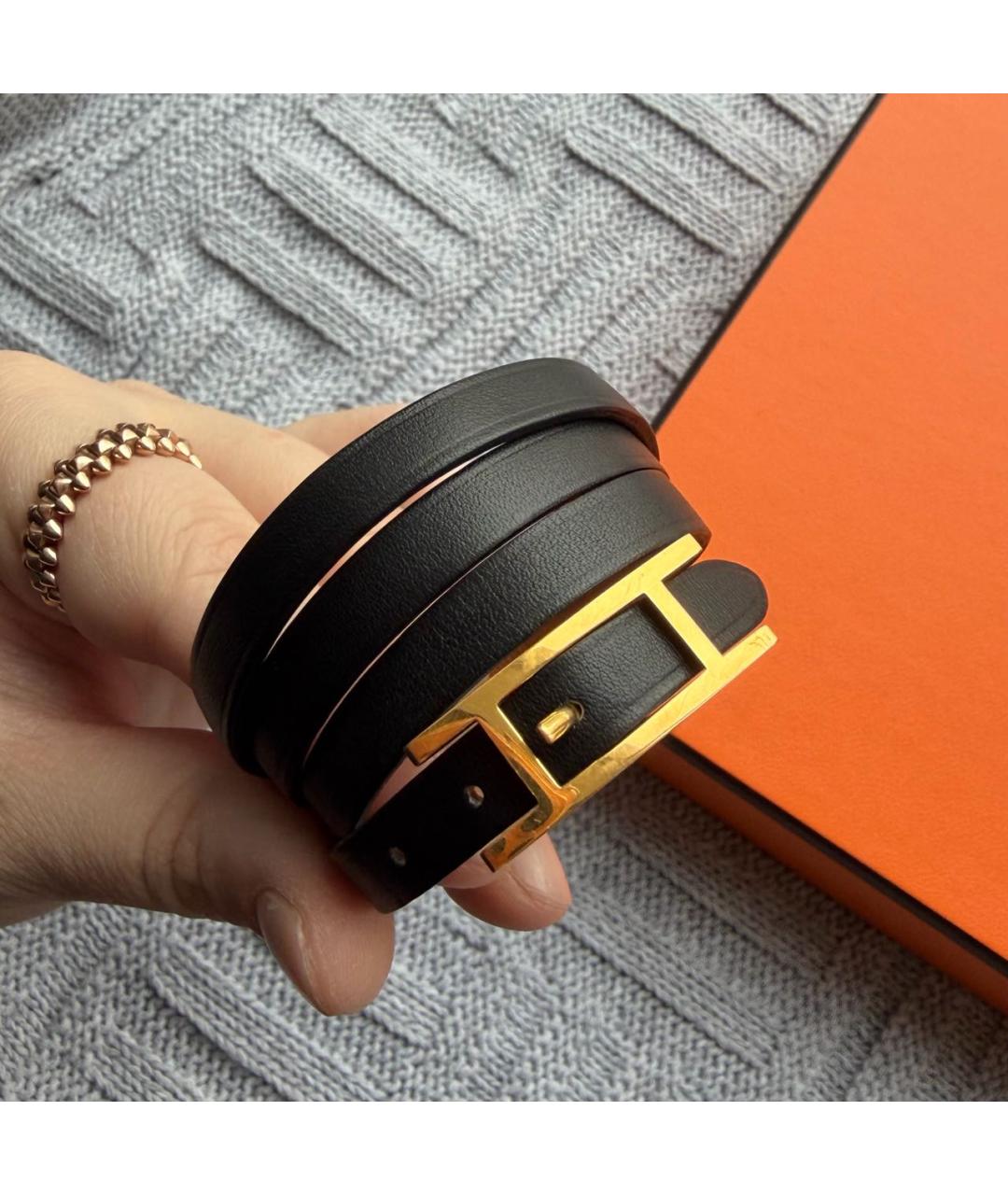 HERMES Черный кожаный браслет, фото 3