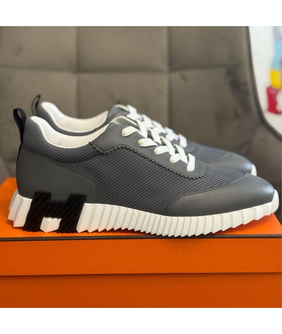 HERMES Антрацитовые кожаные низкие кроссовки / кеды, фото 7