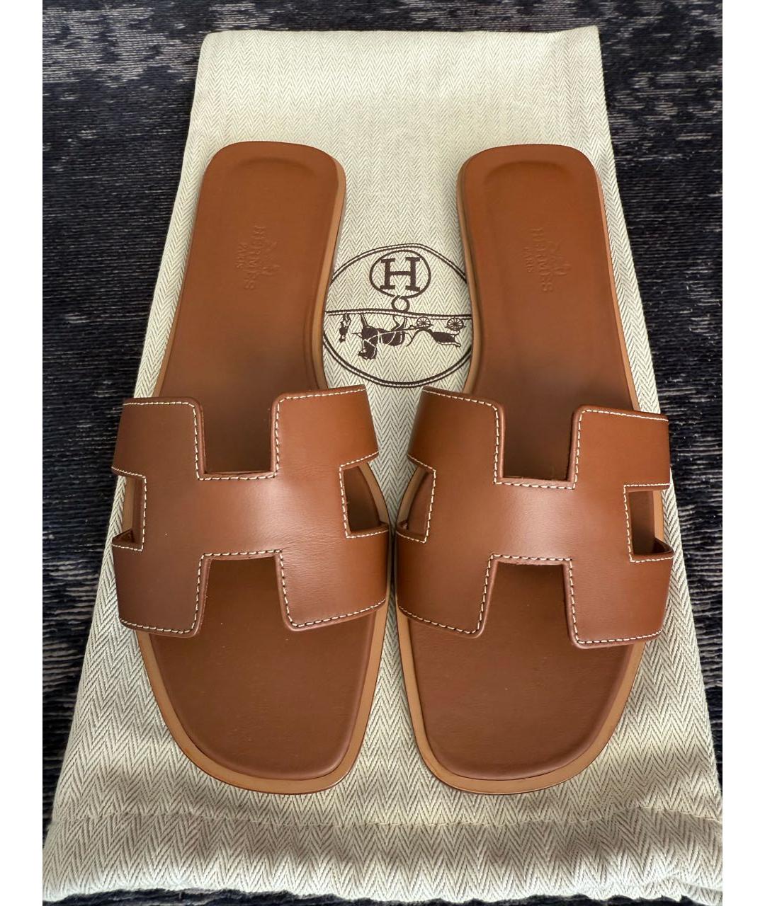 HERMES Коричневые кожаные шлепанцы, фото 2
