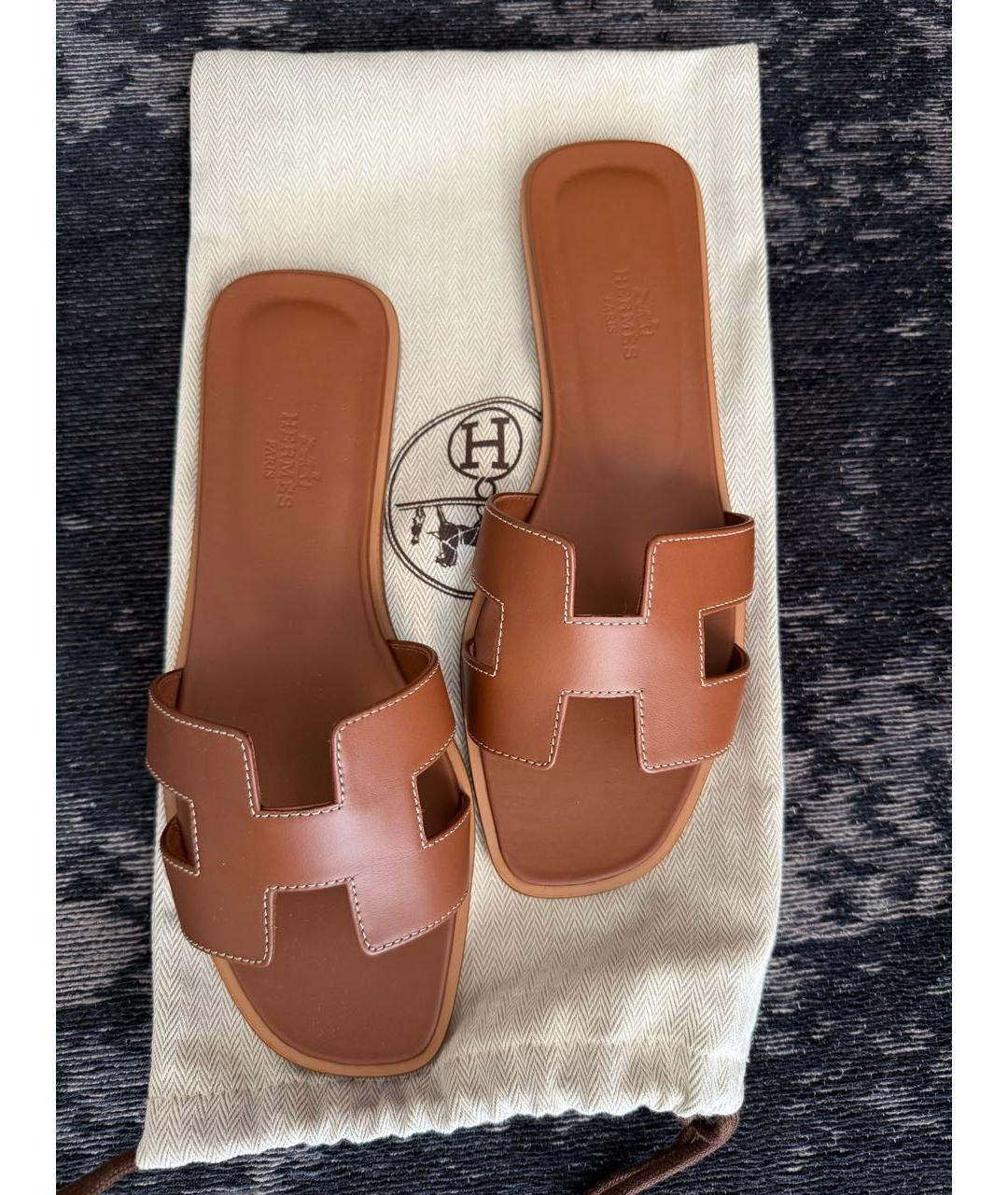 HERMES Коричневые кожаные шлепанцы, фото 3