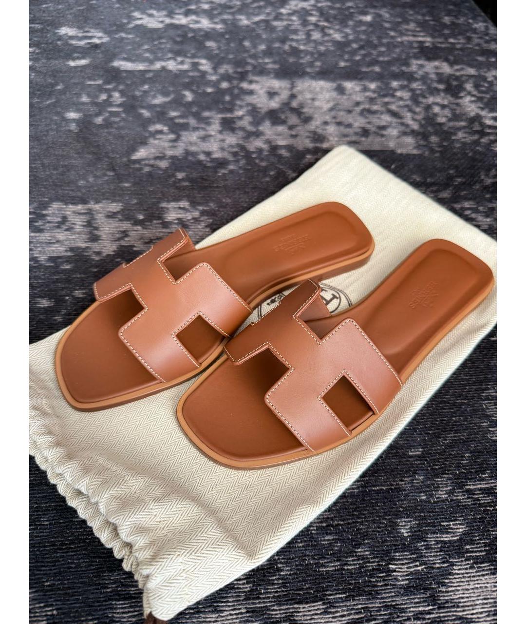 HERMES Коричневые кожаные шлепанцы, фото 4