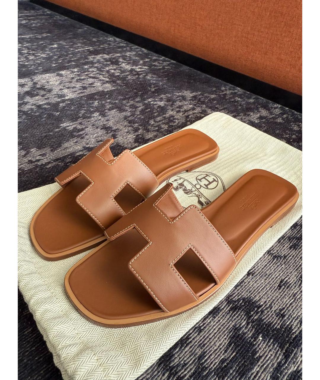 HERMES Коричневые кожаные шлепанцы, фото 5