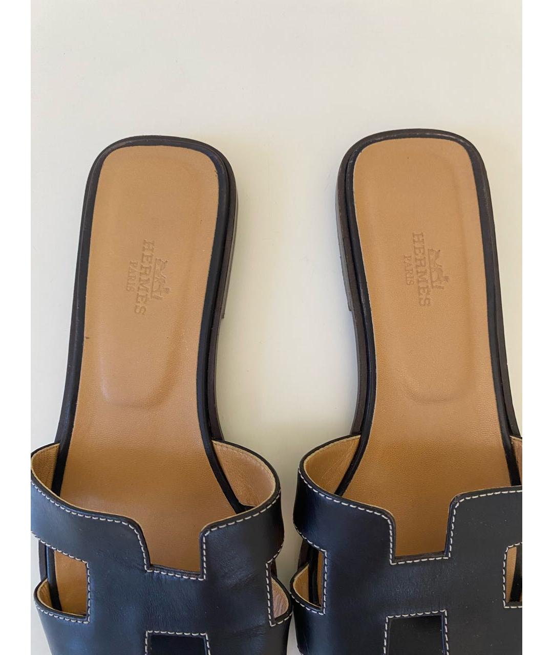 HERMES Черные кожаные шлепанцы, фото 3