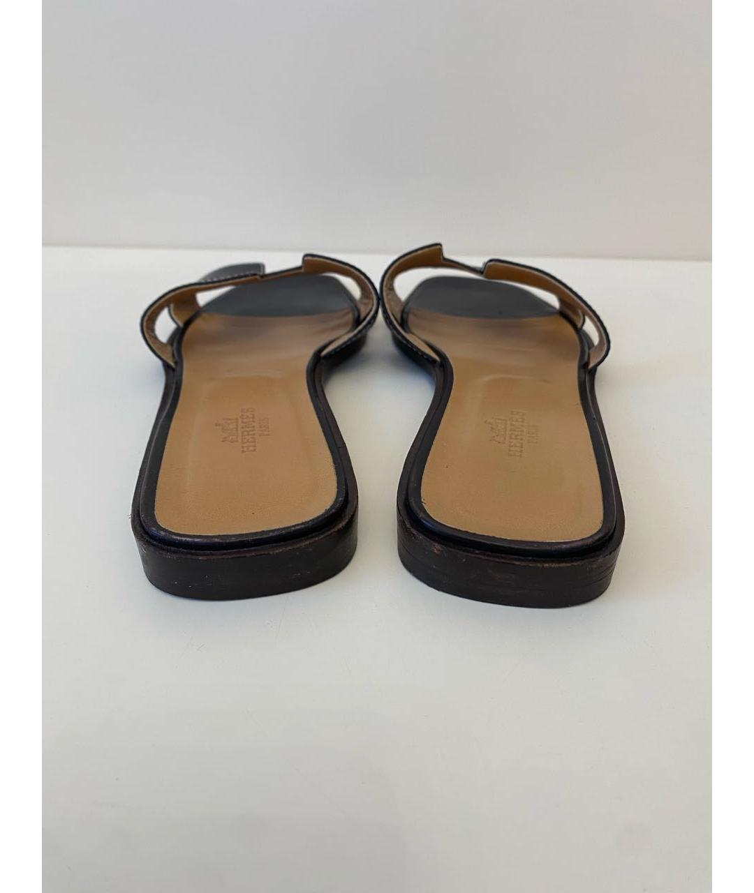 HERMES Черные кожаные шлепанцы, фото 8