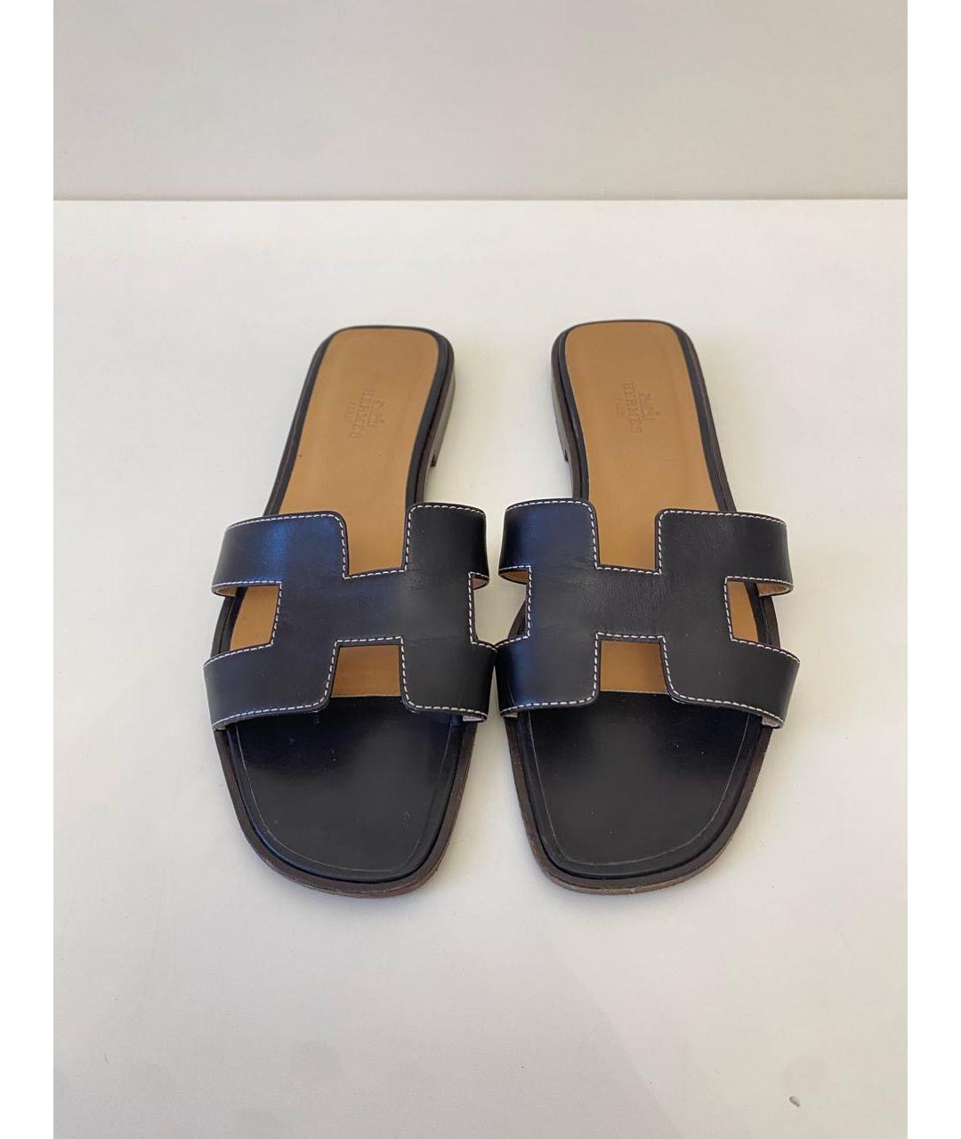 HERMES Черные кожаные шлепанцы, фото 2