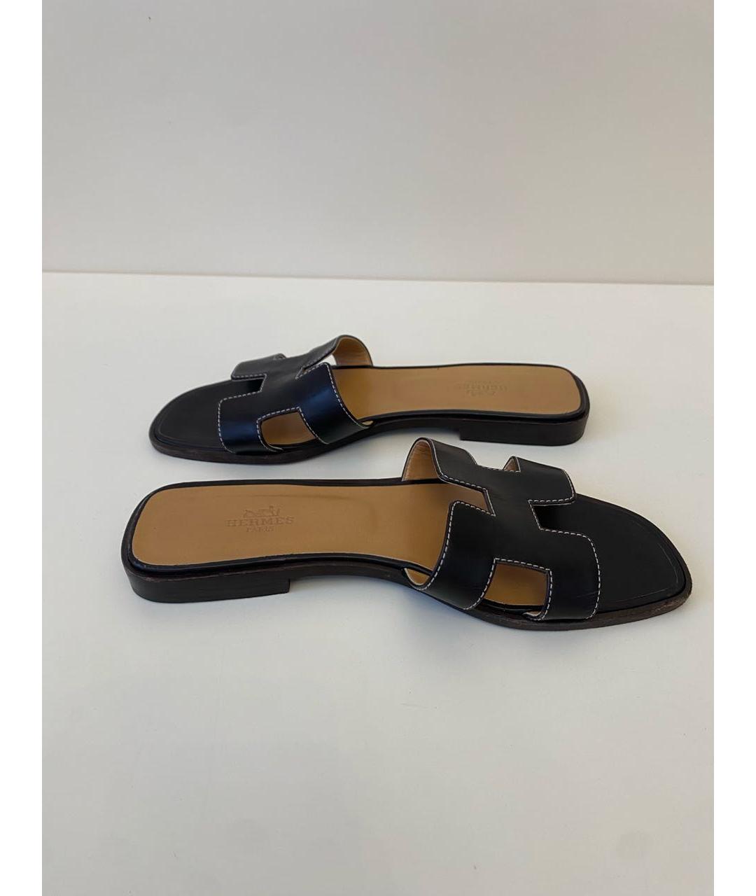 HERMES Черные кожаные шлепанцы, фото 6