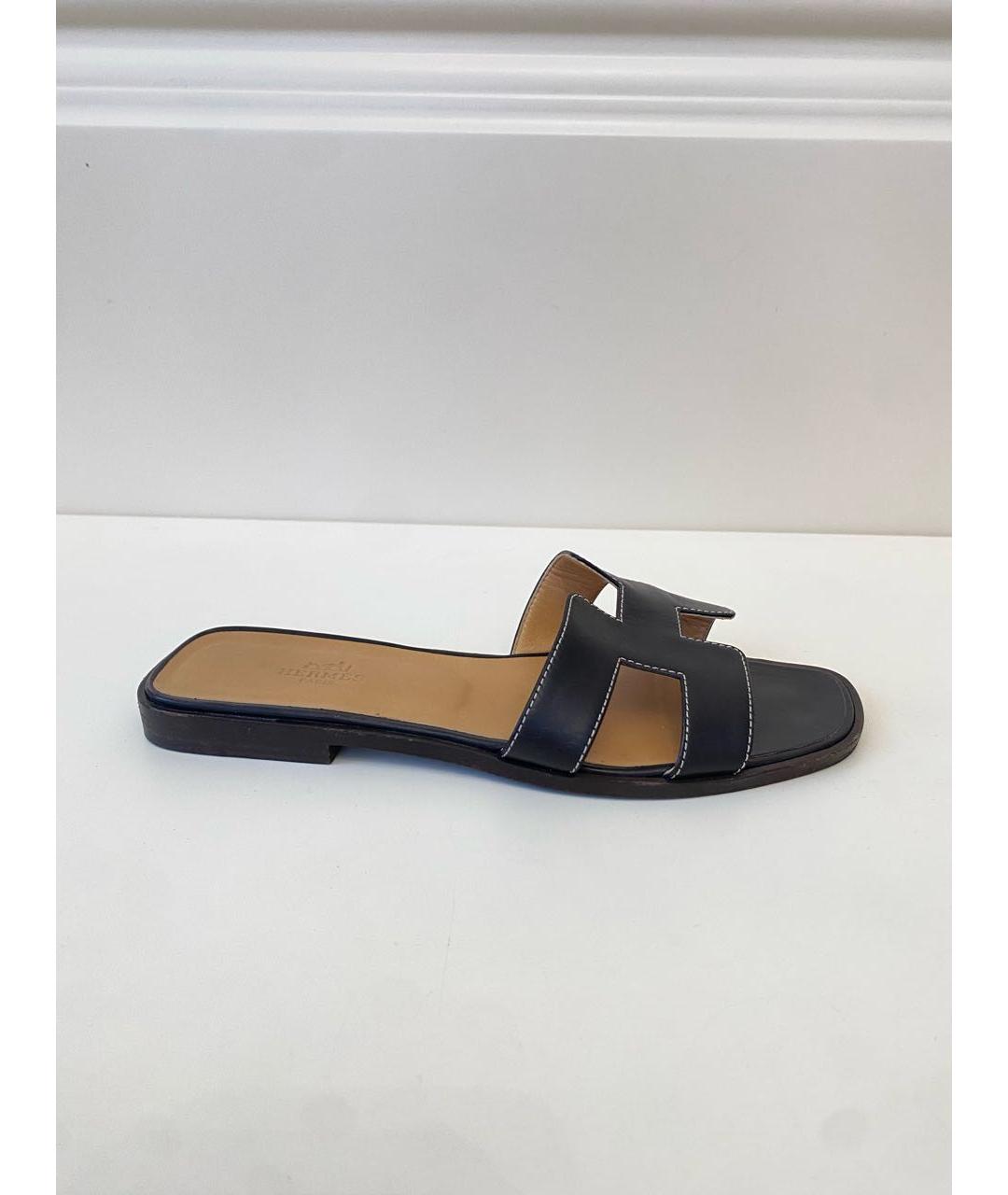 HERMES Черные кожаные шлепанцы, фото 9