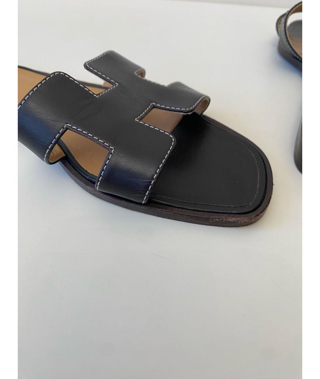 HERMES Черные кожаные шлепанцы, фото 7