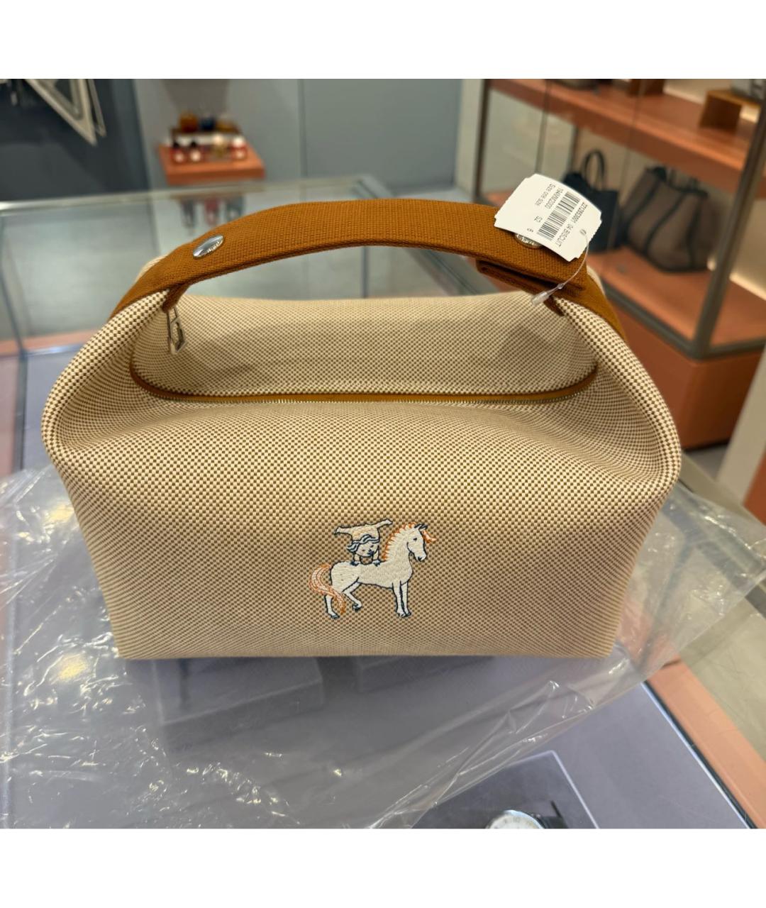 HERMES Бежевая хлопковая сумка с короткими ручками, фото 9