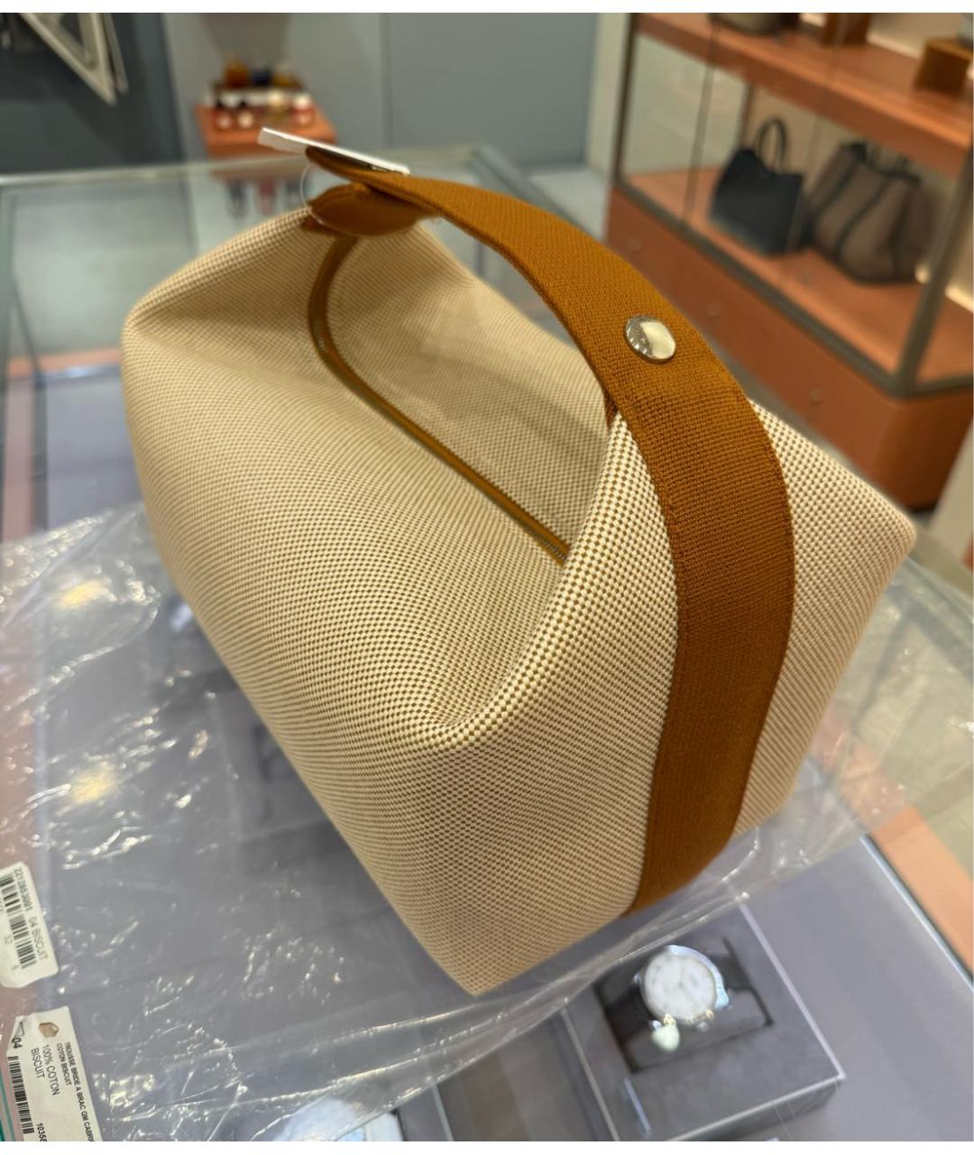 HERMES Бежевая хлопковая сумка с короткими ручками, фото 2