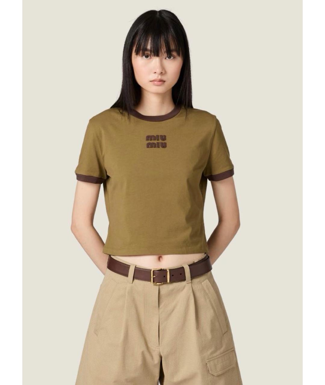 MIU MIU Хаки хлопковая футболка, фото 3