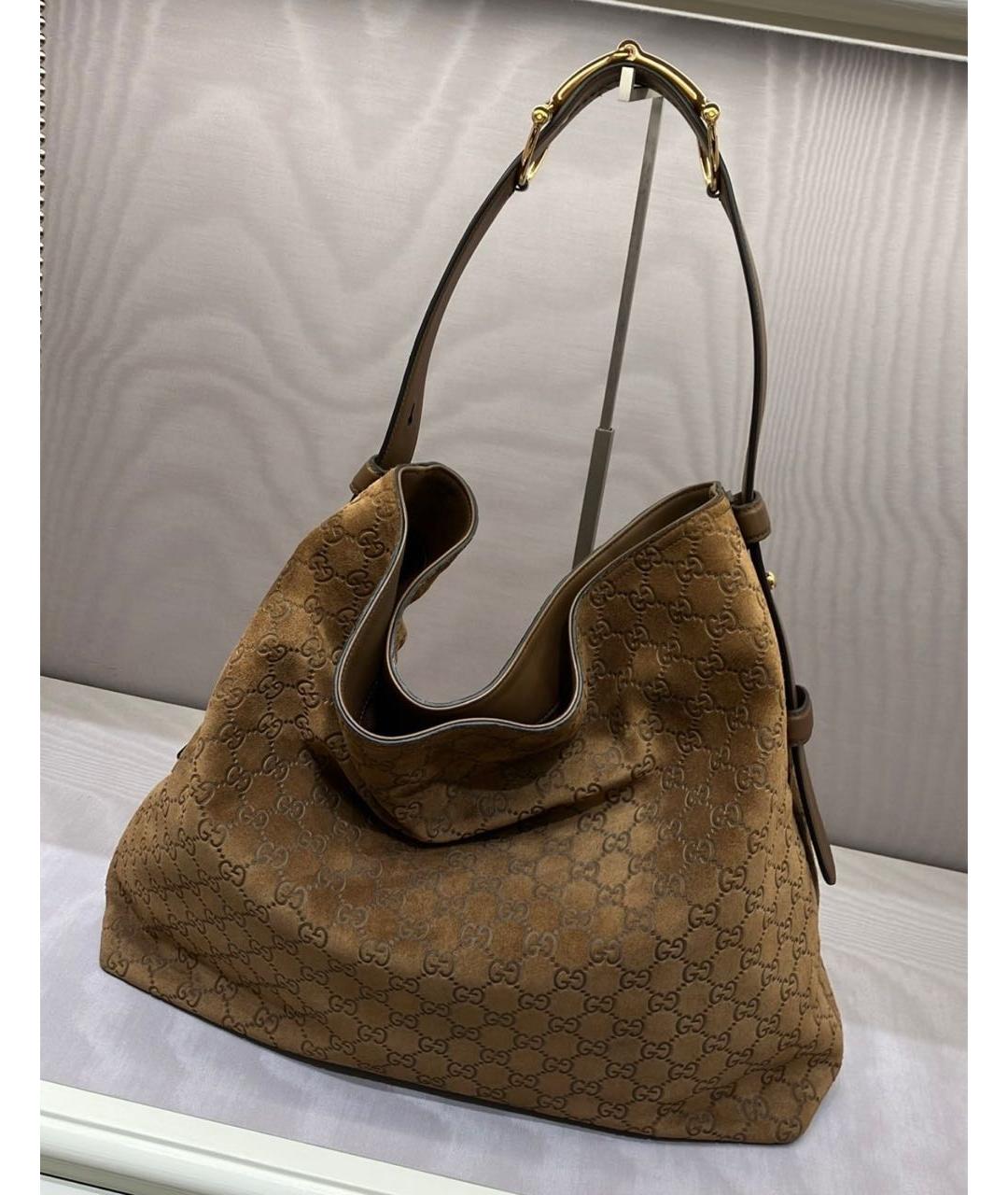 GUCCI Коричневая замшевая сумка с короткими ручками, фото 5