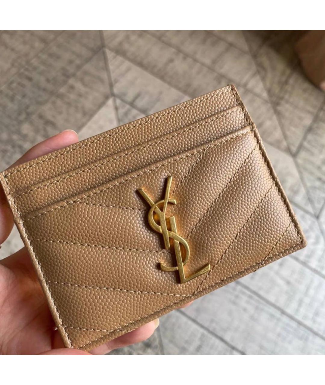 SAINT LAURENT Бежевый кожаный кардхолдер, фото 5