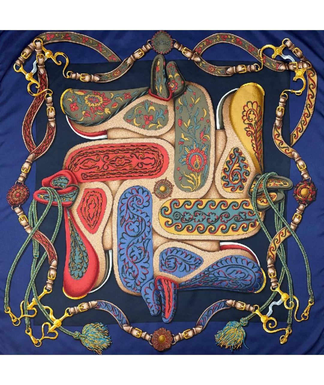 HERMES Темно-синий шелковый платок, фото 1