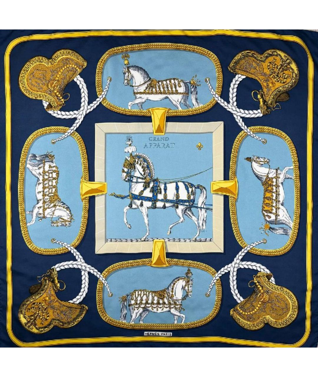 HERMES Темно-синий шелковый платок, фото 1