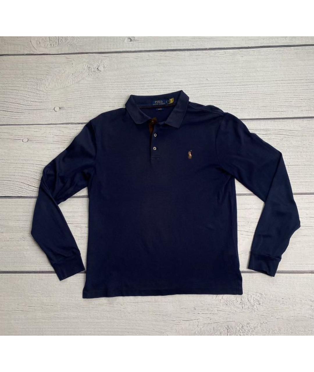 POLO RALPH LAUREN Темно-синее хлопковое поло с длинным рукавом, фото 5