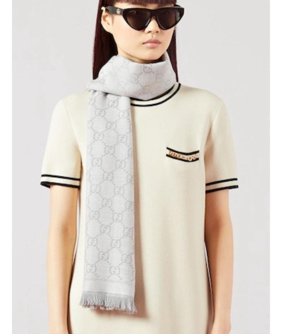GUCCI Серый шерстяной шарф, фото 2