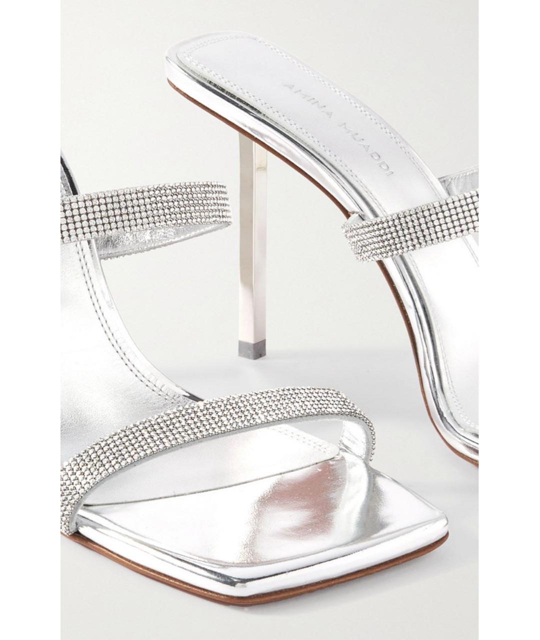 Amina Muaddi Серебряные кожаные босоножки, фото 4
