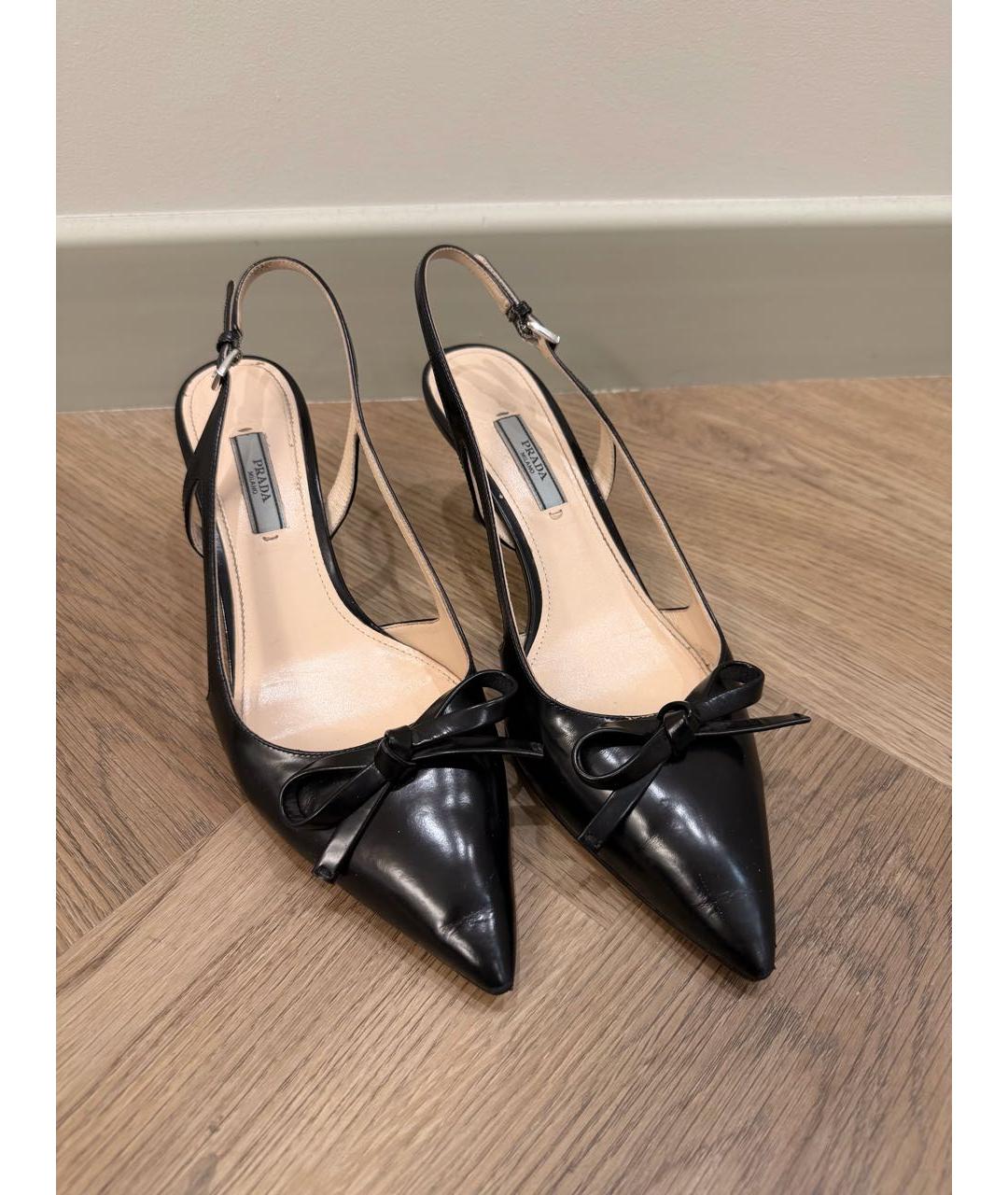 PRADA Черные кожаные лодочки на низком каблуке, фото 6