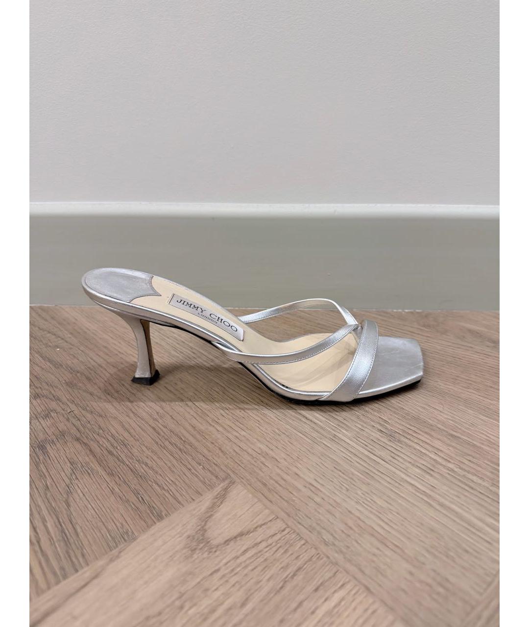 JIMMY CHOO Серебряные кожаные босоножки, фото 7