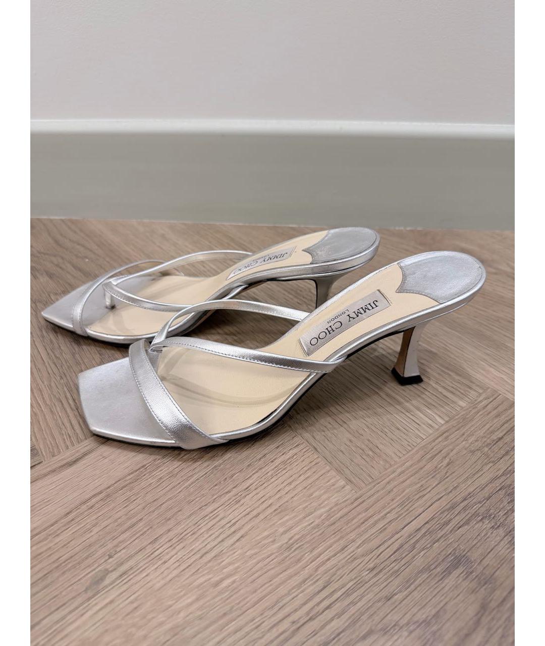 JIMMY CHOO Серебряные кожаные босоножки, фото 4