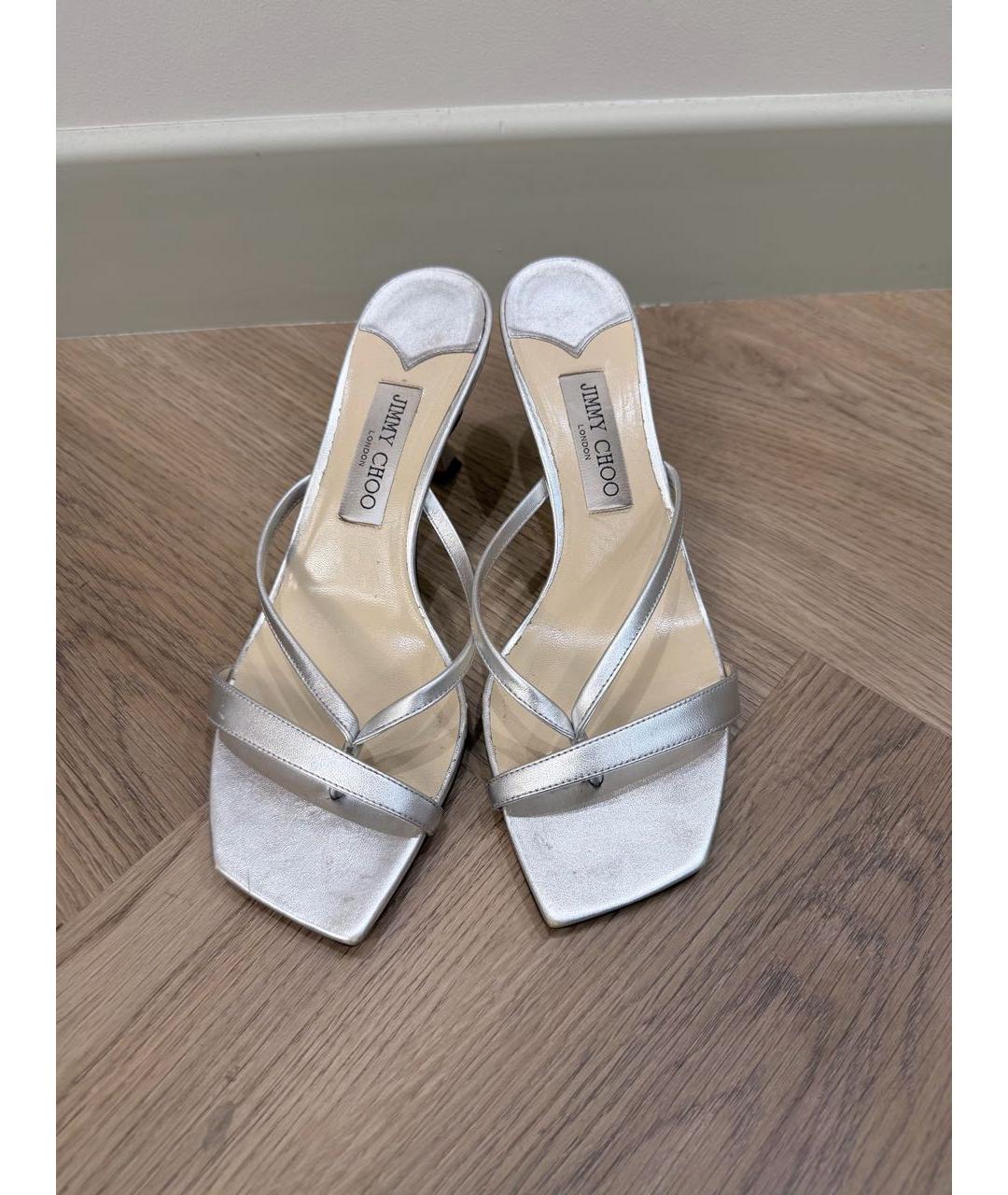 JIMMY CHOO Серебряные кожаные босоножки, фото 3
