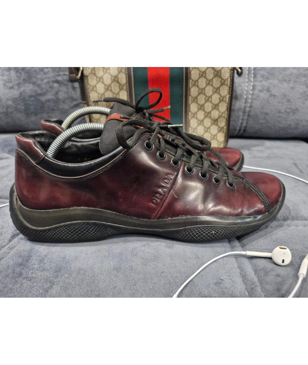 PRADA Бордовые кожаные низкие кроссовки / кеды, фото 7