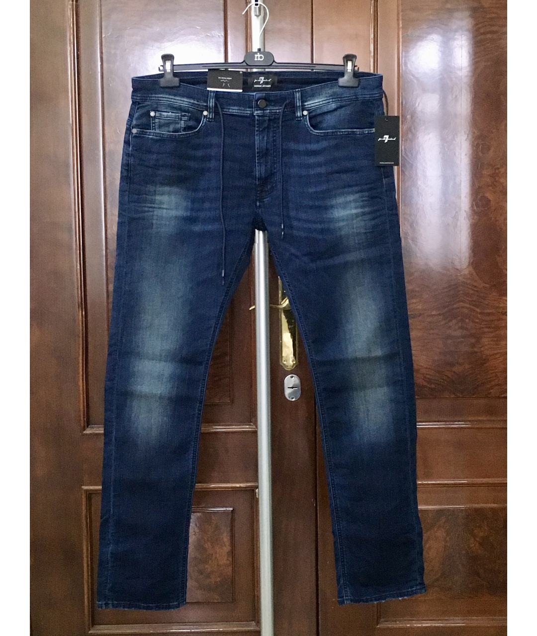 7 FOR ALL MANKIND Темно-синие хлопко-полиэстеровые джинсы скинни, фото 6