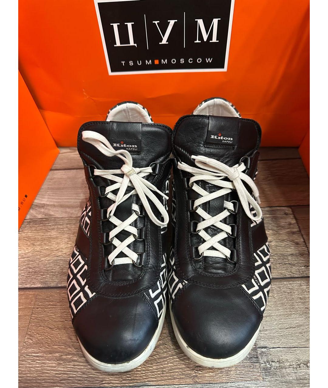 KITON Черные кожаные низкие кроссовки / кеды, фото 4