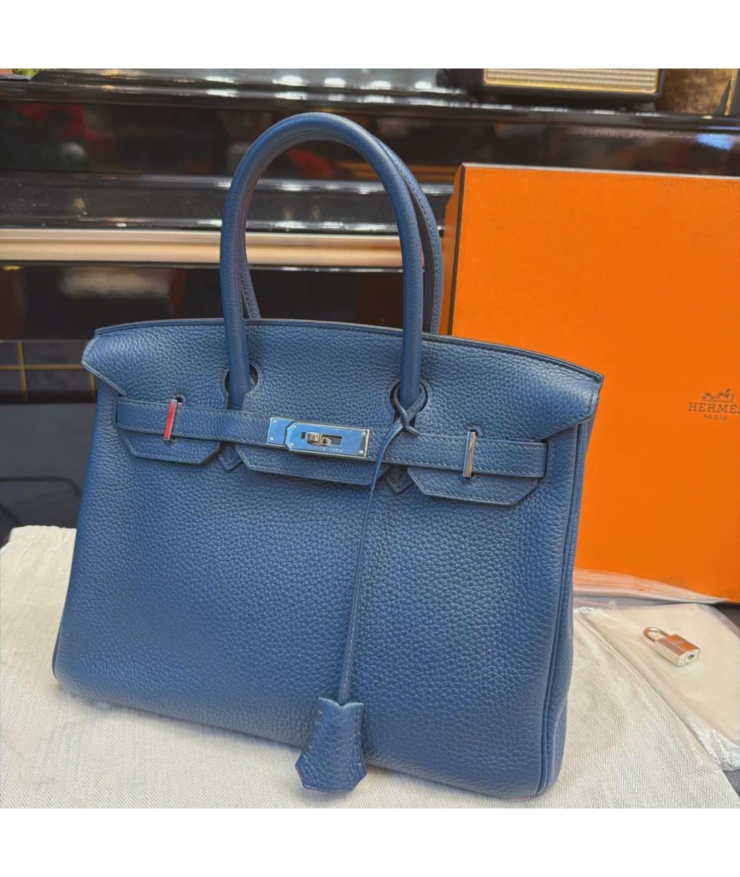 HERMES Темно-синяя кожаная сумка с короткими ручками, фото 2