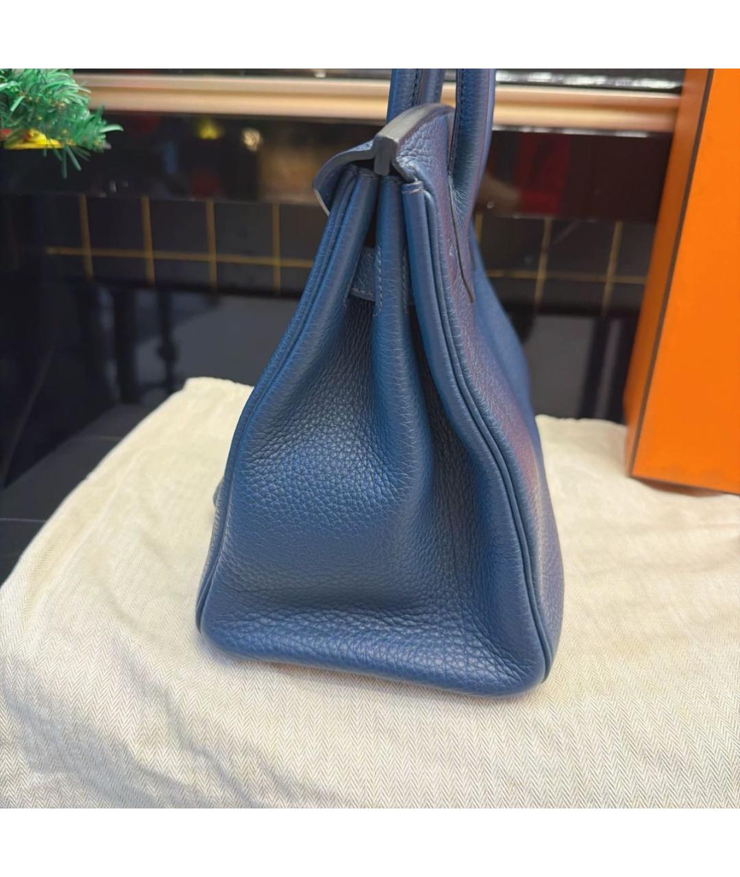 HERMES Темно-синяя кожаная сумка с короткими ручками, фото 4