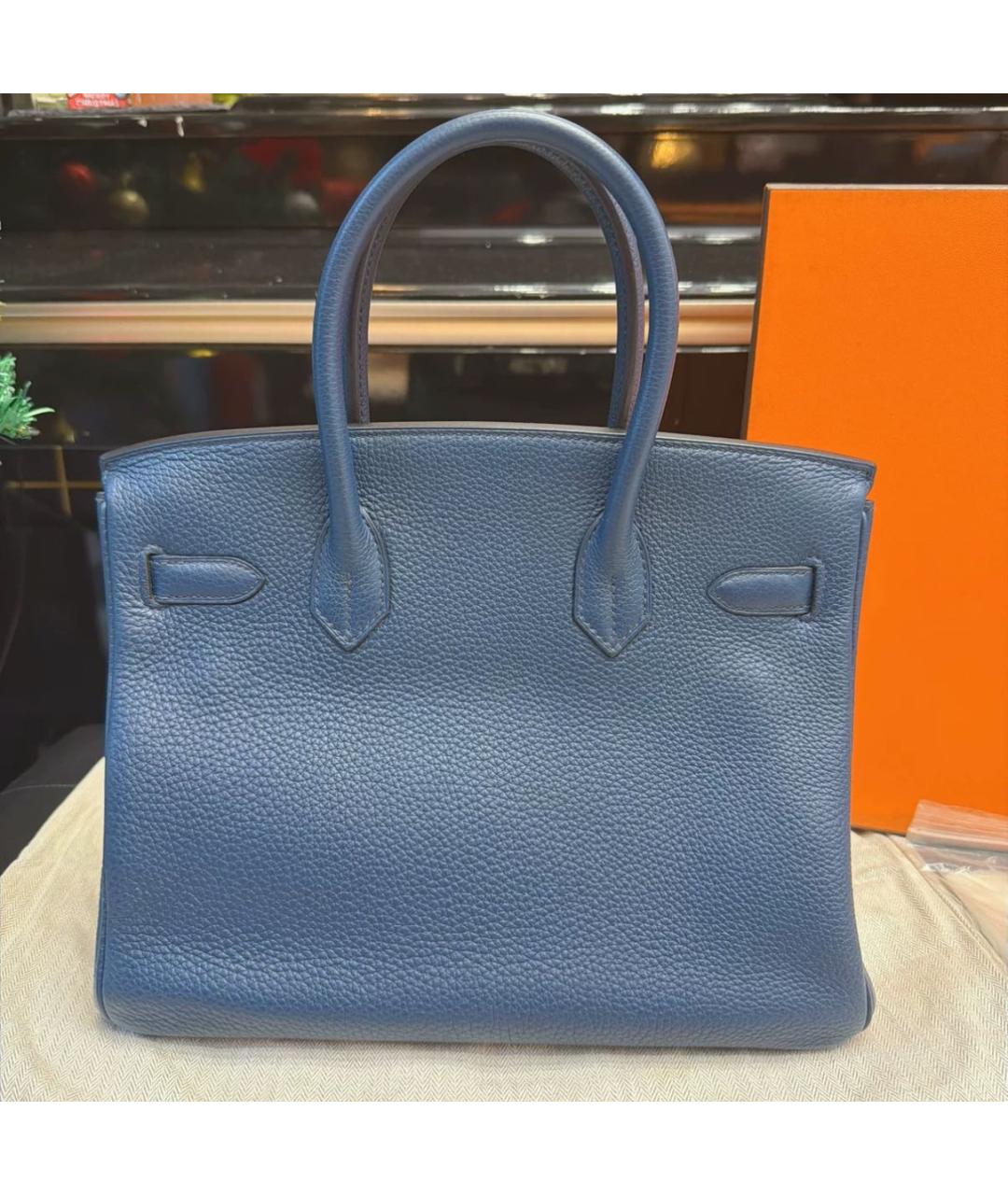 HERMES Темно-синяя кожаная сумка с короткими ручками, фото 7
