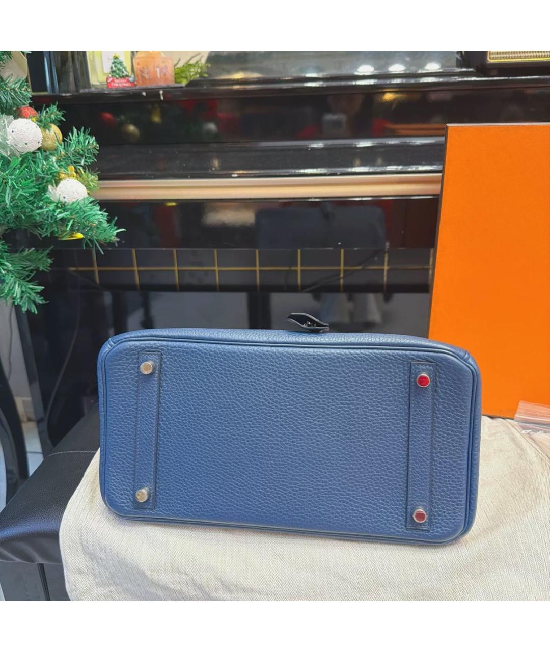 HERMES Темно-синяя кожаная сумка с короткими ручками, фото 6