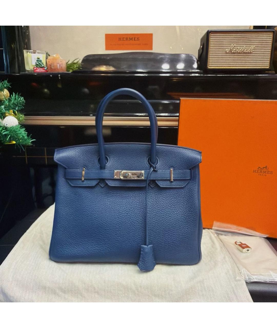 HERMES Темно-синяя кожаная сумка с короткими ручками, фото 9