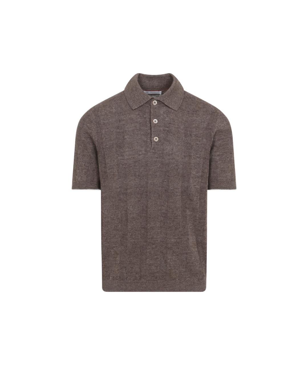 BRUNELLO CUCINELLI Коричневое хлопко-леновое поло с коротким рукавом, фото 1