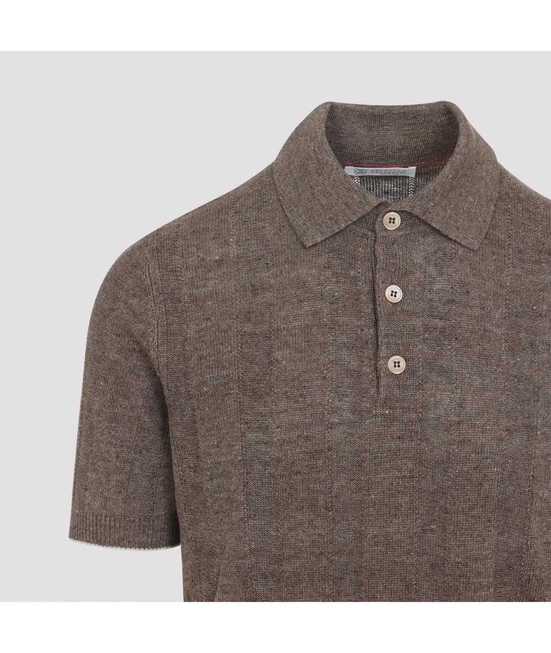 BRUNELLO CUCINELLI Коричневое хлопко-леновое поло с коротким рукавом, фото 4