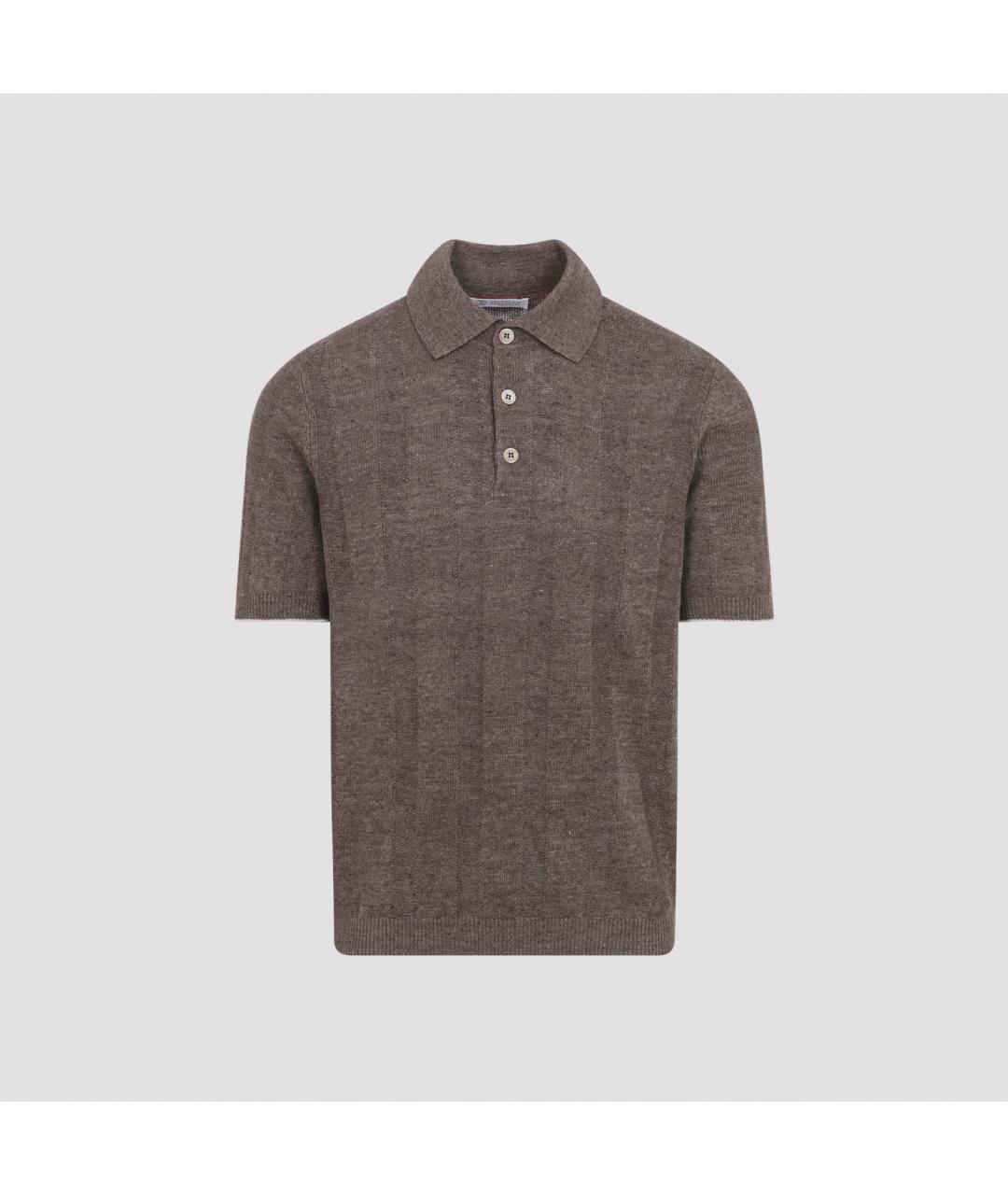 BRUNELLO CUCINELLI Коричневое хлопко-леновое поло с коротким рукавом, фото 2