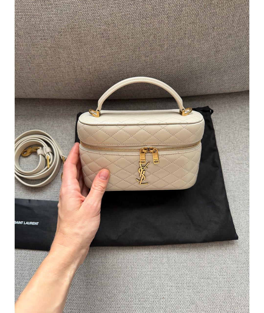 SAINT LAURENT Бежевая кожаная сумка с короткими ручками, фото 4