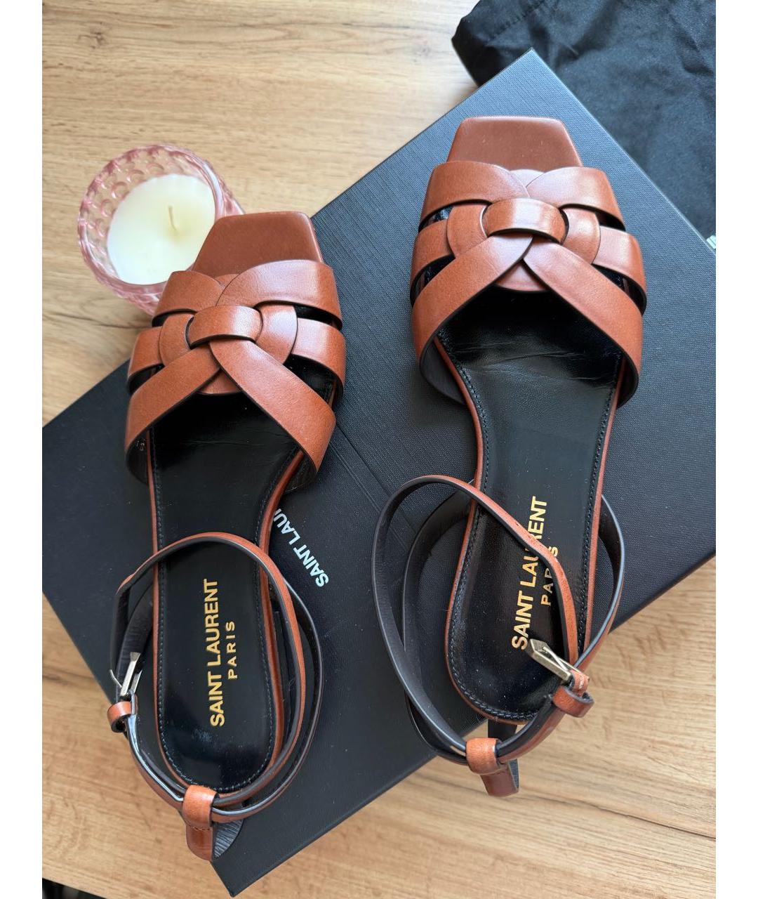 SAINT LAURENT Коричневые кожаные сандалии, фото 4