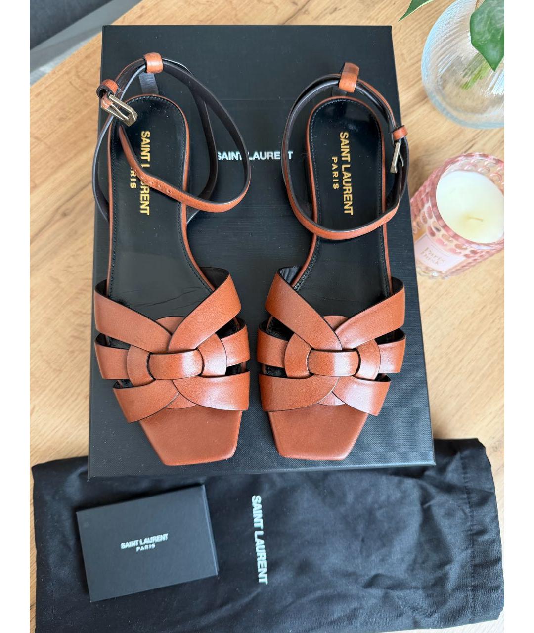 SAINT LAURENT Коричневые кожаные сандалии, фото 7